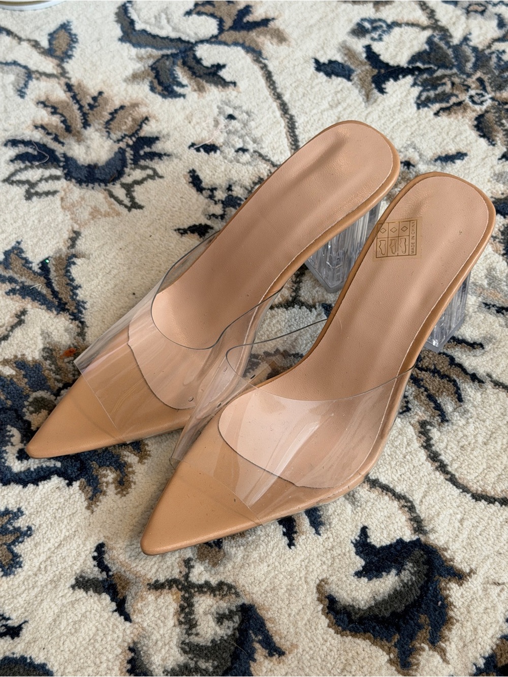 Nude Pointed Clear Mule Heels